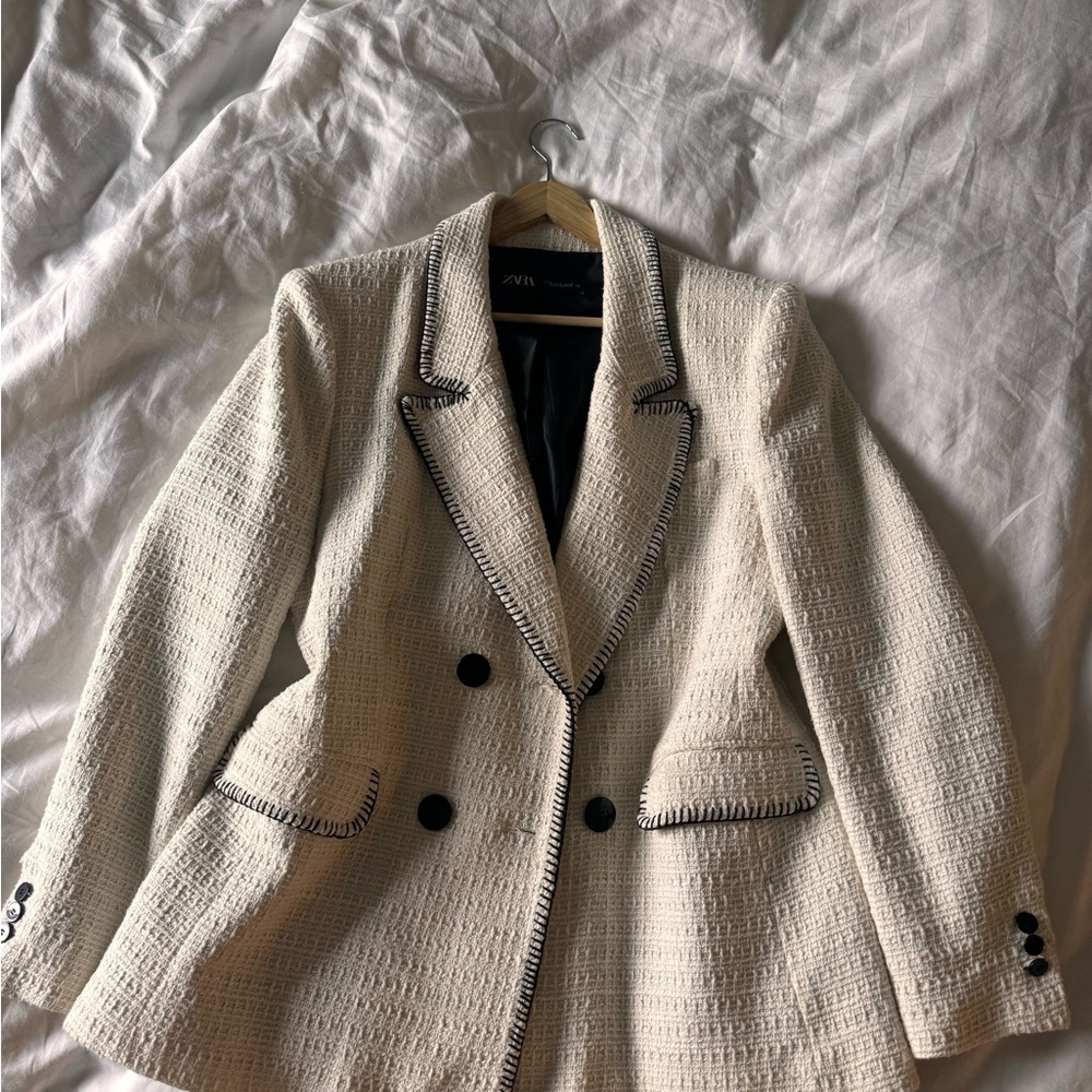Zara Textured Cream Blazer with Black Accents